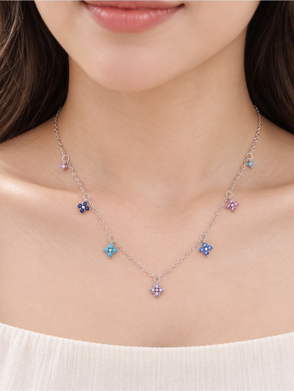 Necklaces! Sterling Silver Multicolor Flower Charm Necklace - Purple & Blue